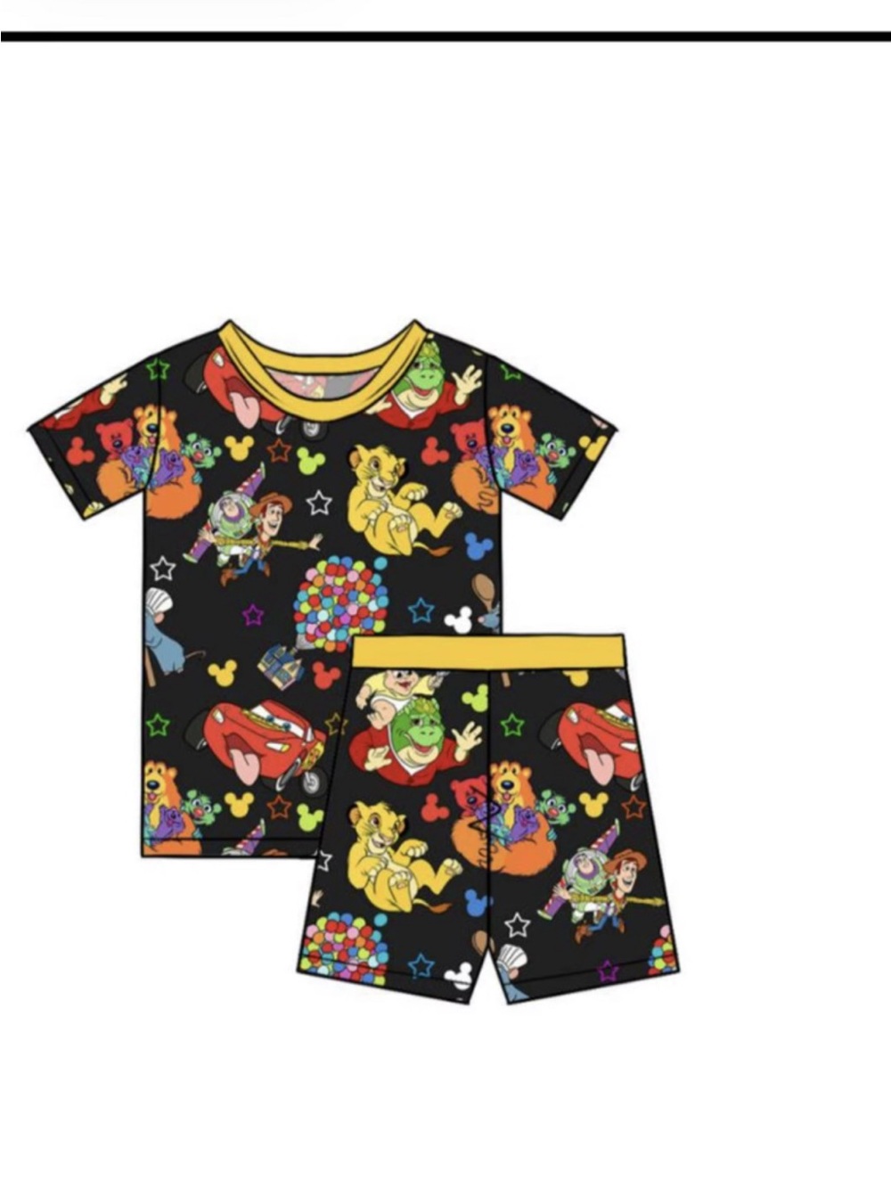 Bamboo Disney Black Kids set with Yellow Trim and Multicolor Character Print